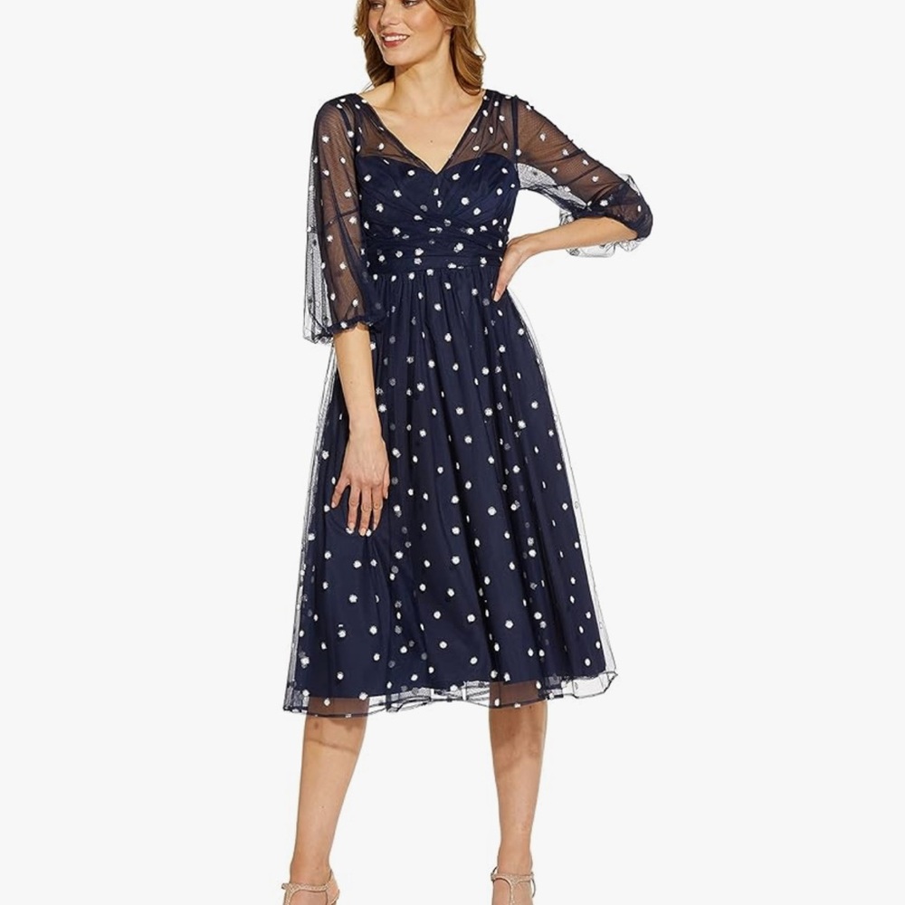 Adrianna Papell Navy Midi Dress with White Polka Dots Sz 12